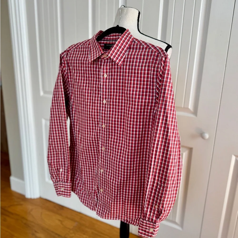 Banana Republic Men M Slim Fit Red Gingham Check LS Button Down Dress Shirt